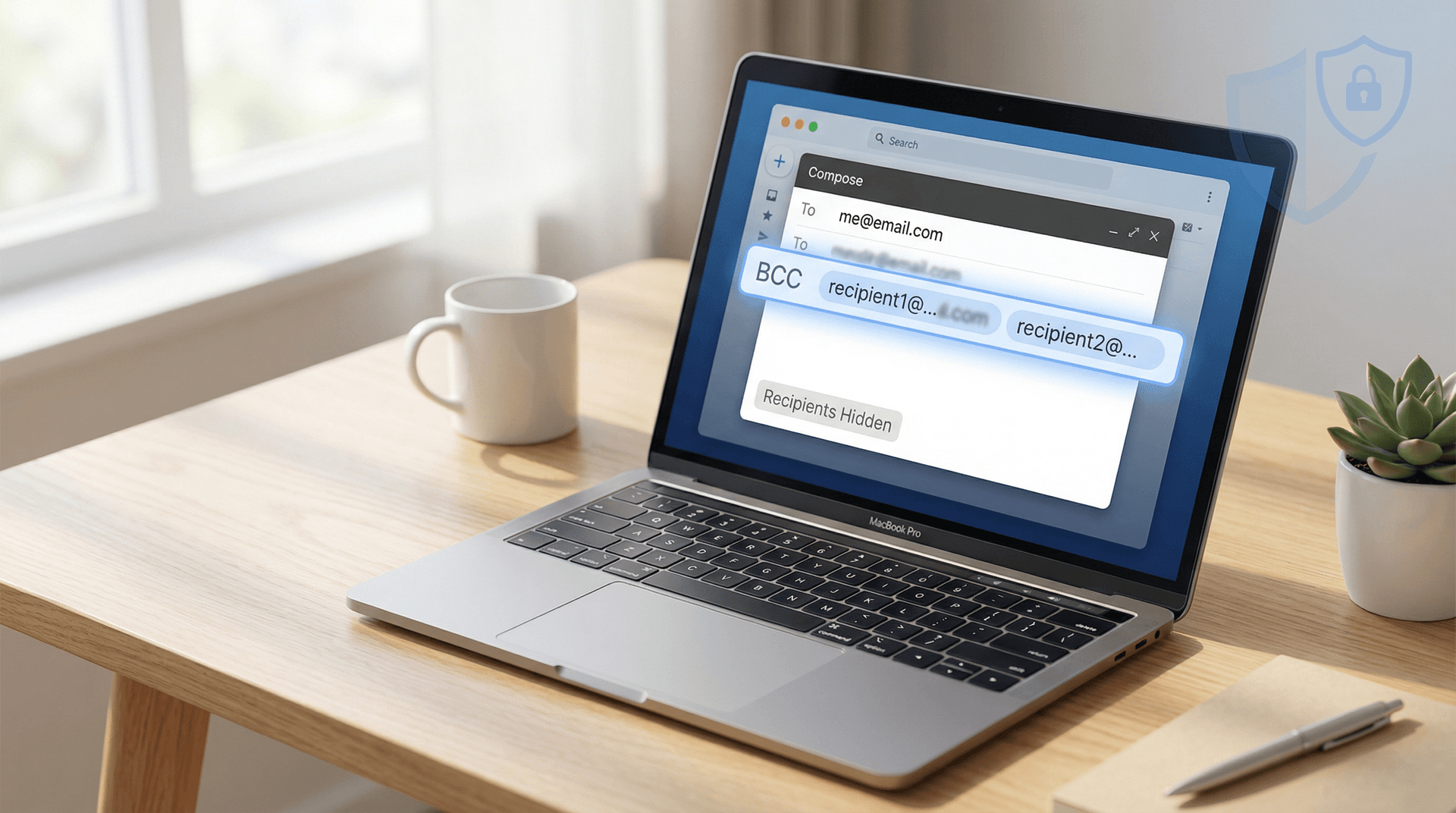 Professional workspace showing confident email management with BCC privacy protection on laptop screen